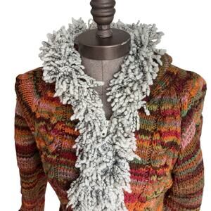 AMANO 100% Wool Cardigan Womens Medium Boho Chunky Hood Fringe Zip Orange